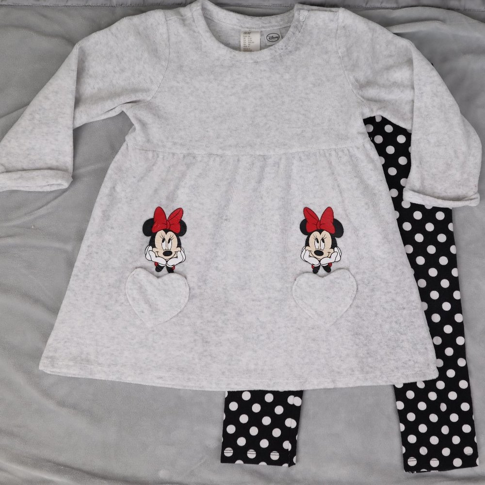 Disney Minnie Mouse Fleece Dress Set Top Tunic Polka Dot Pants H & M 18 24 Girl